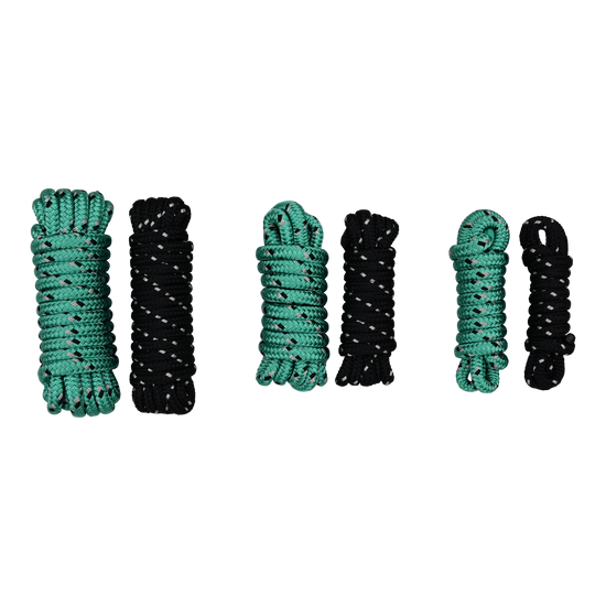 Top view of six coiled dock lines in black and green, arranged in descending size order with looped ends.