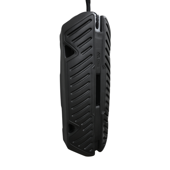 Side view of Fender EVA 2.0 hanging vertically, showing its black grooved design and secure rope attachment.