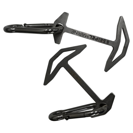 Two Quick Dock Cleats shown from different angles, displaying their metal anchor shape and integrated carabiners.