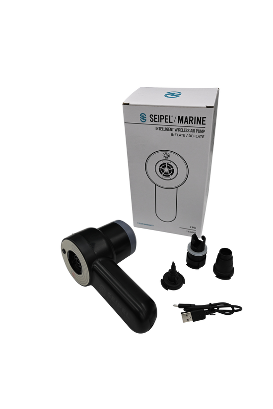 Handheld Air Pump with packaging, USB charging cable, and multiple nozzle attachments displayed on a white background.