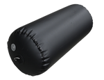 Angled view of the Cylinder Inflatable Fender, a black inflatable fender with a glossy finish and reinforced attachment.