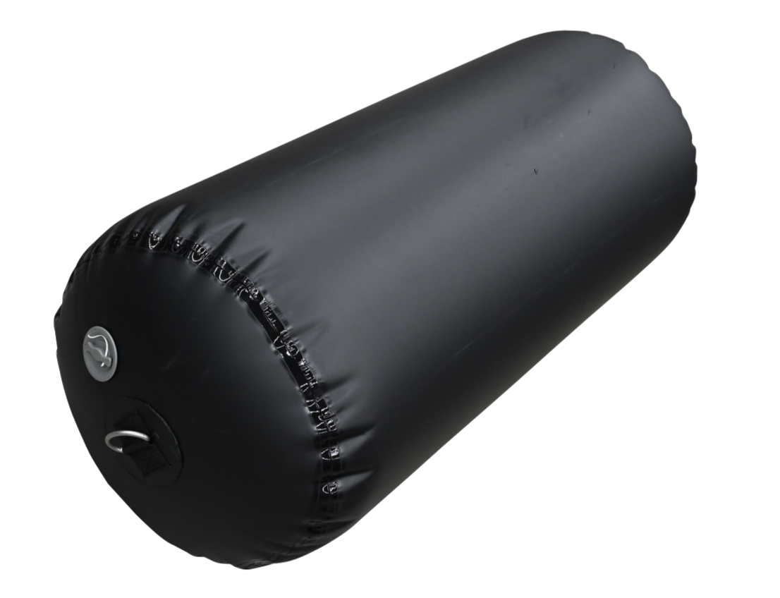 Angled view of the Cylinder Inflatable Fender, a black inflatable fender with a glossy finish and reinforced attachment.