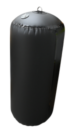 Upright view of the Cylinder Inflatable Fender, a black fender with a top metal D-ring and a side inflation valve.