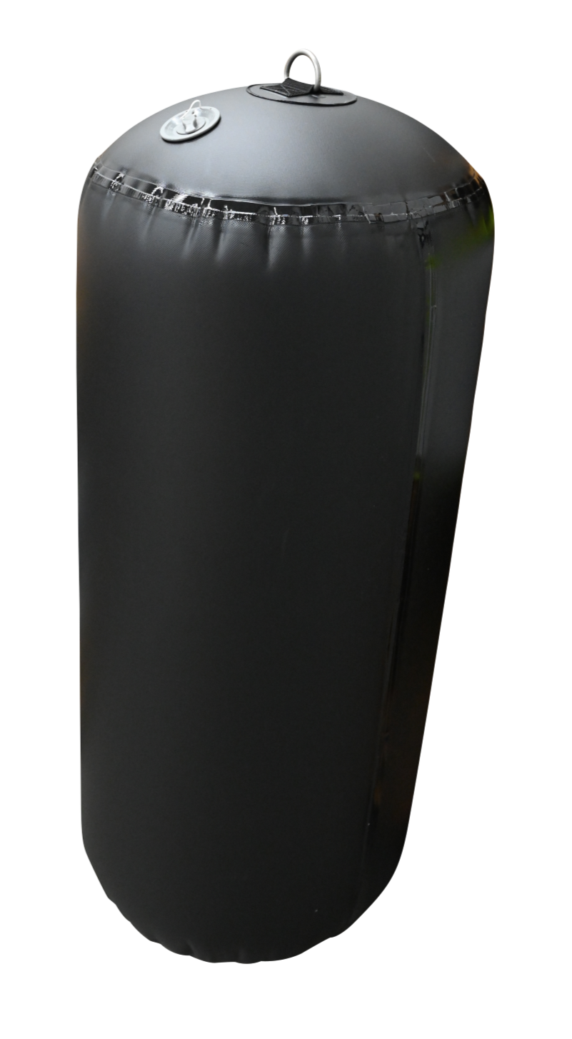 Upright view of the Cylinder Inflatable Fender, a black fender with a top metal D-ring and a side inflation valve.