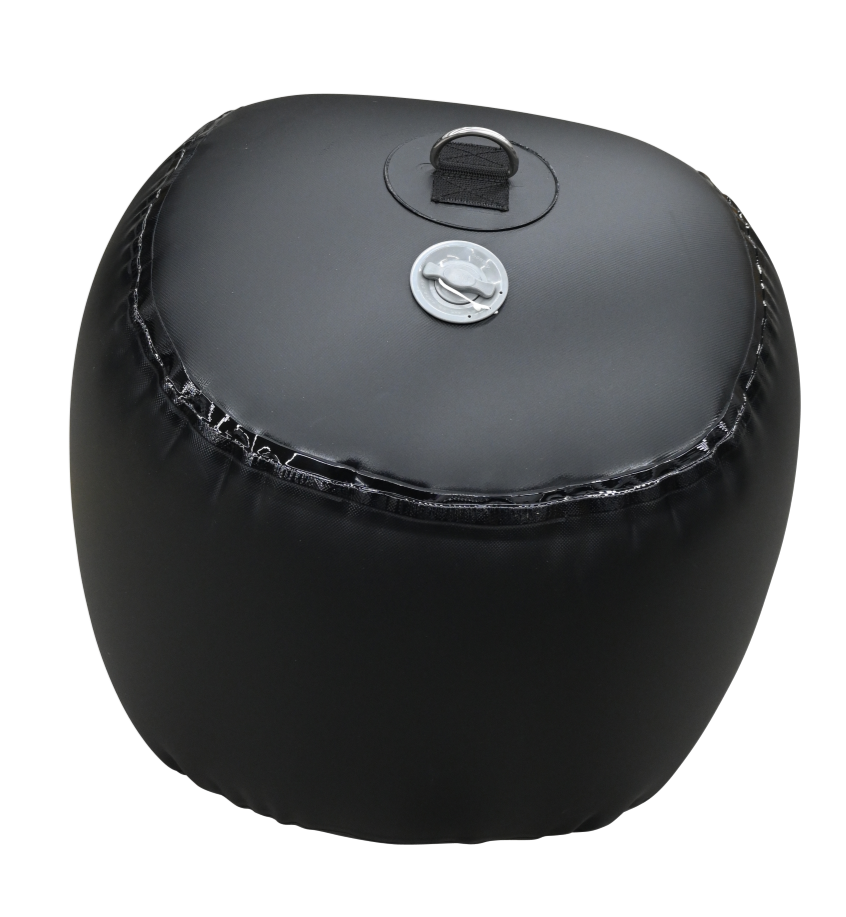 Front view of the Sphere Inflatable Fender, a black fender with a reinforced attachment point and a smooth finish.