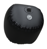 Angled view of the Sphere Inflatable Fender, a glossy black inflatable fender with a top D-ring and a side inflation valve.