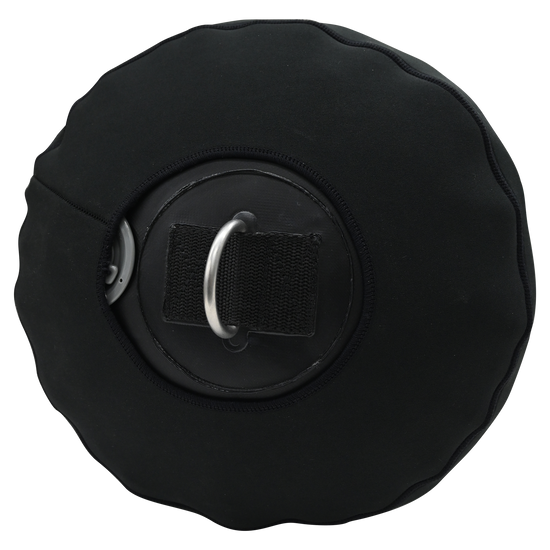 Close-up of the Sphere Inflatable Fender, showing a metal D-ring attachment and inflation valve on the black neoprene cover.