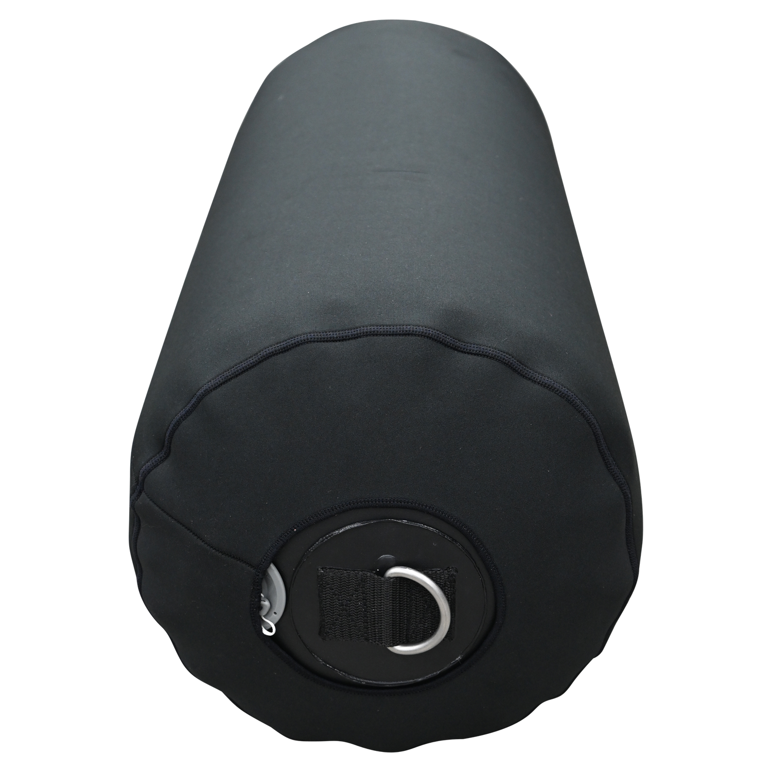 Front view of the Cylinder Inflatable Fender with NEO Fender Cover, a black fender with a soft cover and metal D-ring.