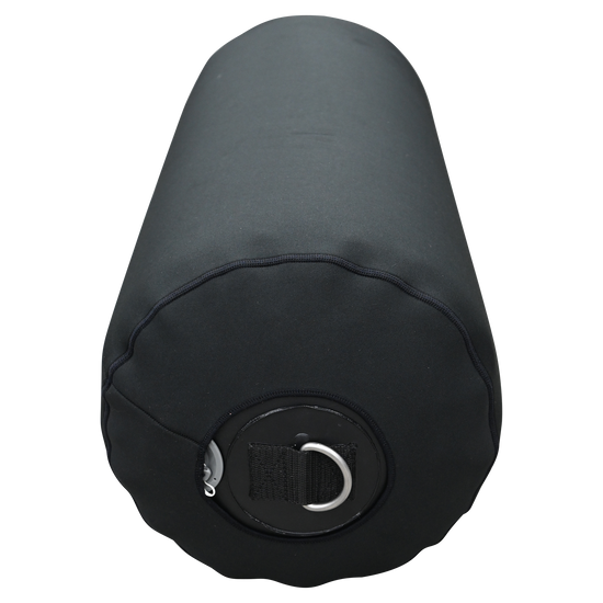 Front view of the Cylinder Inflatable Fender with NEO Fender Cover, a black fender with a soft cover and metal D-ring.