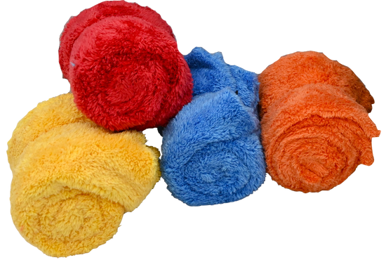 Rolled Plush Detailing Towels in red, blue, orange, and yellow, stacked in a pile.